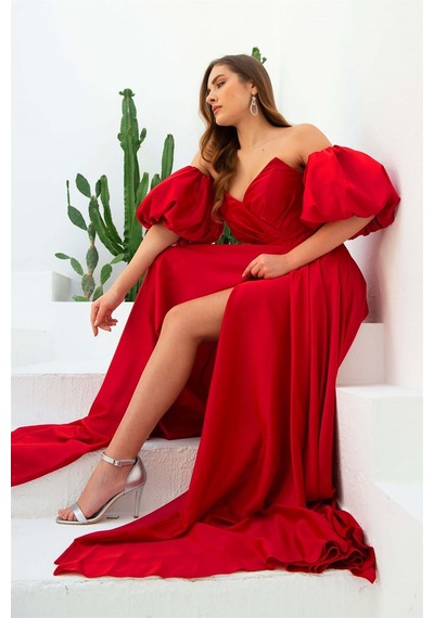 Carmen Kadın Saten Balon Kol Yırtmaçlı Uzun Abiye Elbise 55778 Kırmızı Kırmızı