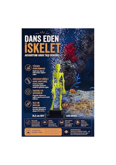 3d Baskı Sarı Dans Eden İskelet Akvaryum Hava Taşı 18,5 Cm