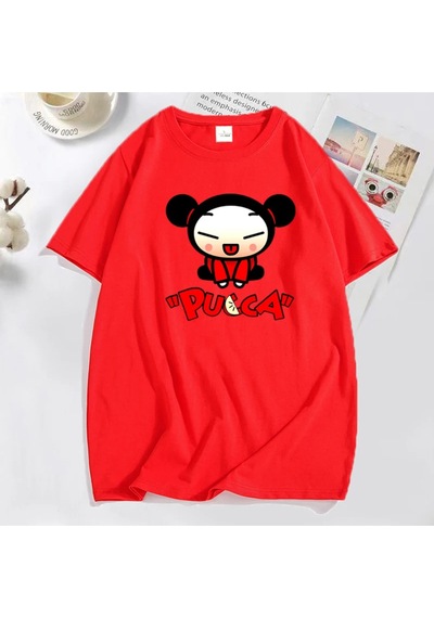 Flood Of Style Komik Karikatür Pucca Çin Bebek T-shirt Erkekler Kadınlar Sevimli Grafik T Shirt Pamuk Kısa K Kırmızı