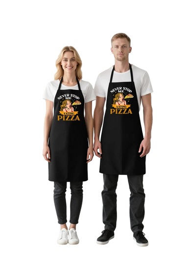 Kadın Unisex Mutfak Aşçı Önlüğü Pizza Temalı Vintage Baskı Rahat Siyah