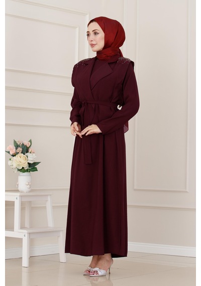 Sevitli Yeleği Taş Detaylı Tensel Elbise-bordo-5290