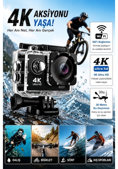 4k Wifi Aksiyon Kamerası 16 Mp 170 Geniş Açı 30m Su Geçirmez 18 Aparatlı Spor Kamera Siyah