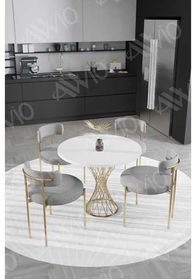 Avvio Tiny Mat Gold Teddy Sandalye 90x90 Yuvarlak Yemek Masası Mutfak Masası Masa Sandalye Takımı Beyaz