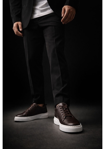 Muggo Leons Hakiki Deri Erkek Kalın Taban Bağcıklı Günlük Casual Sneaker Kahverengi