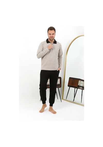Akbeniz Erkek Polo Yaka Uzun Kol Penye Pijama Takımı 6862 Krem Krem
