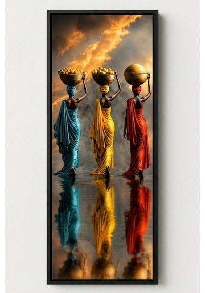 Sepet Taşıyan Afrikalı Kadınlar Çerçeveli Dekoratif Tablo 25x60 Cm Dikey Duvar Tablosu Salon Yatak Odası Ofis Dekoru