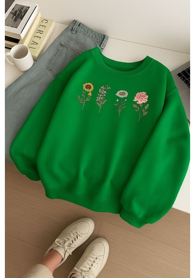 Benroma 3 İplik Penye Çiçek Baskılı Unisex Sweatshırt Yeşil
