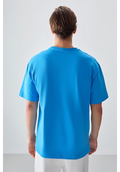Air Jones Tommy Life Petrol Mavi %100 Pamuk Kalın Yumuşak Dokulu Oversize Fit Baskılı Erkek T-shirt - 88361 Petrol Mavi