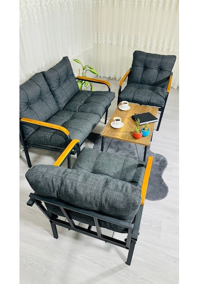 Madame Home Kaktüs Balkon, Bahçe,teras,cafe - Salon - Metal Kanepe Koltuk Takımı - 2 1 1 Sehpa Antrasit