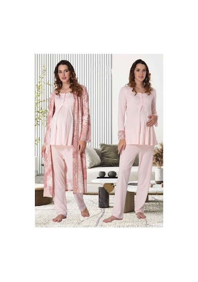 Effortt Dvina Lohusa Hamile Desenli Sabahlıklı Uzun Kollu Pijama Takımı - Pembe Pembe