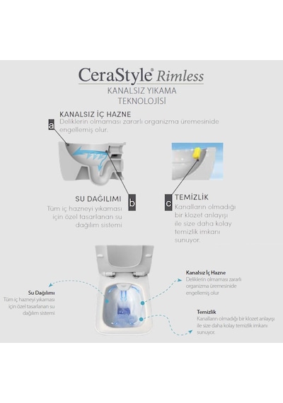 Turkuaz Cerastyle Aqua Rimless Kanalsız Asma Klozet ve Duru PP Slim Yavaş Kapak