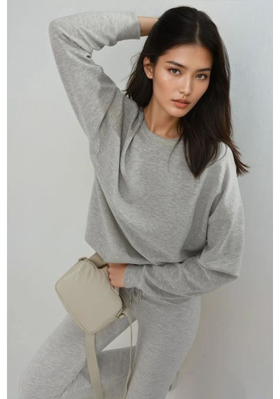 Hiccup Busem Rahat Kesim Bisiklet Yaka Modal Sweatshirt Açık Gri