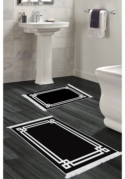 Dekoreko Kaymaz Taban Djt 2 Li Banyo Paspas Takımı Star Pamuk Saçaklı Modern 1669 Siyah