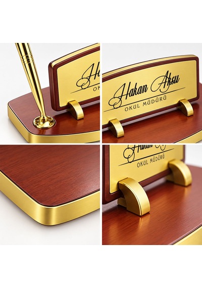 Bk Gift Kişiye Özel Kalemli Ahşap Masa İsimliği Gold Plakalı Bk26 -6 Çok Renkli