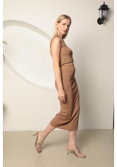 Chıcnhappy Triko Kumaş Croplu Etek Kadın Takım Camel - %100 Polyester Camel