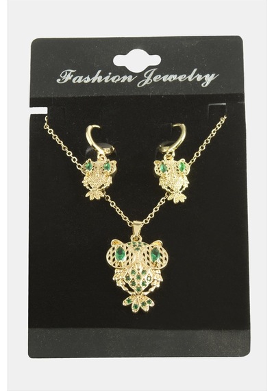 Baykuş - 118 - Zirkon Taşlı - Csmo-tex - Set Kolye-yeşil Çok renkli