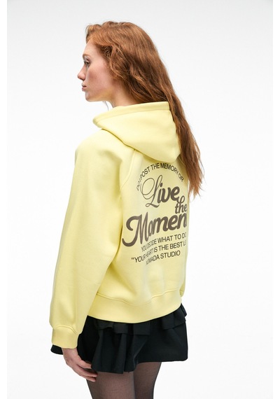 Grımelange ORINQUE Kadın Kapüşonlu Baskı ve Nakış Detaylı Oversize Sarı Sweatshirt