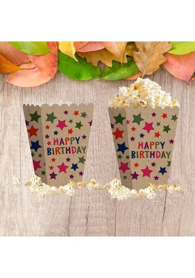 Mısır Kutusu Kraft Renkli Yıldızlı Desenli Happy Birthday Yazılı 8li Doğum Günü Malzemesi