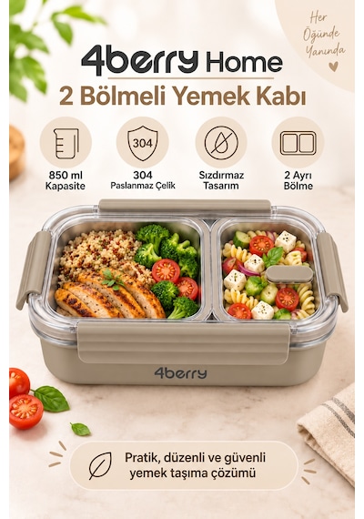 2 Bölmeli Termos Yemek Kabı 850 Ml, Paslanmaz Çelik, Sızdırmaz Kilitli, Şeffaf Kapaklı, Kahverengi