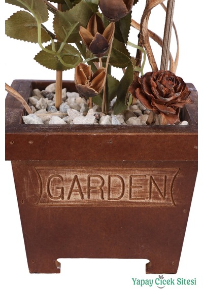 Yapay Çiçek Sitesi Ahşap Garden Saksıda Gerçek Görünümlü Yapay Gül Tanzimi 40 Cm Kırık Beyaz