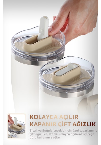 Neoflam Fika Lumi Patentli Döner Kulplu Sızdırmaz Çift Ağızlıklı Çelik Termos 950 Ml Bej