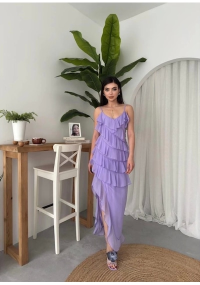 Defymoda Ples Yırtmaç Detaylı Elbise Lila