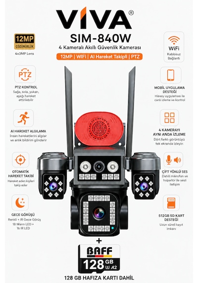 Sım-840w 4 Kameralı Güvenlik Kamerası 12mp Wifi Ptz Aı Hareket Takipli Renkli Gece Görüşlü Ip Kamera +128gb Hafıza Kart Dahil