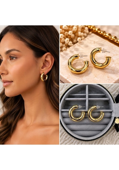 Premium Parlak Ve Şık Gold Renk Kalın Açık Halka 316l Çelik Kadın Küpe Altın