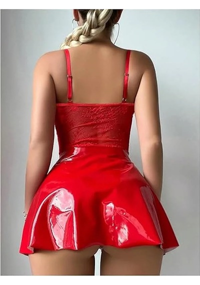 Angbutik Kırmızı Parlak Deri Şık Bacak Bantlı Club Elbise