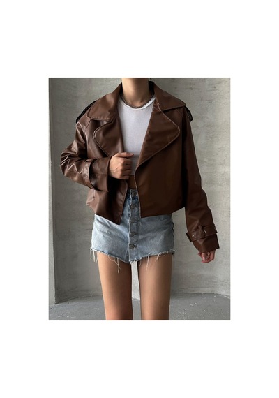 Meecy Oversize Taba Deri Ceket Taba Taba