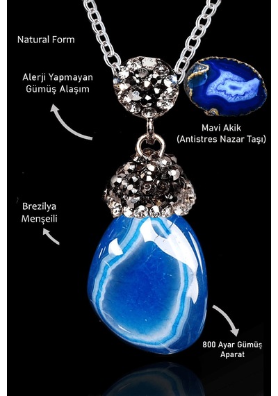 Erilsa Sertifikalı Zirkon Taşlı Model Ham Mavi Akik Taşı Kolye Çok Renkli