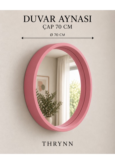 Dekoratif Duvar Aynası Yuvarlak Çerçeveli 70cm Pembe Şifonyer Ve Makyaj Masası Üstü