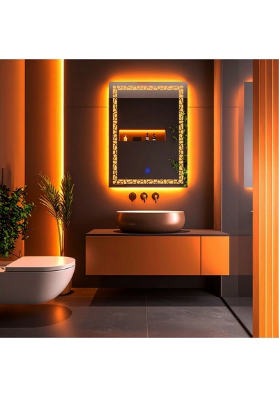 Gleamira Vertical Amber Led'li Lazer Kumlamalı Lavabo & Banyo Aynası Dokunmatik Sensörlü 100 X 75 Cm Turuncu