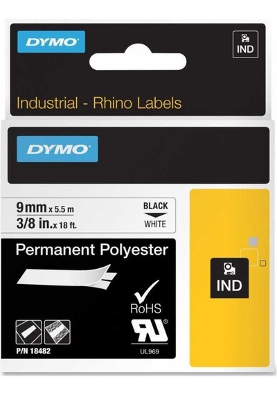 DYMO Rhino Pro Sabit Polyester Şerit 9mmx5,5m Beyaz/Siyah (18482)