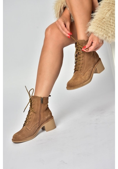 Fox Shoes Z555670602 Vizon Hakiki Deri Süet Kalın Topuklu Kadın Bot