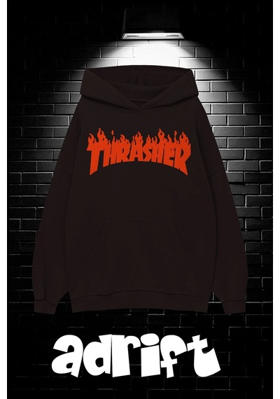 Startmore Unisex Oversize Kapüşonlu Kanguru Cepli Thrasher Baskılı Sweatshirt Hoodie Beyaz Siyah