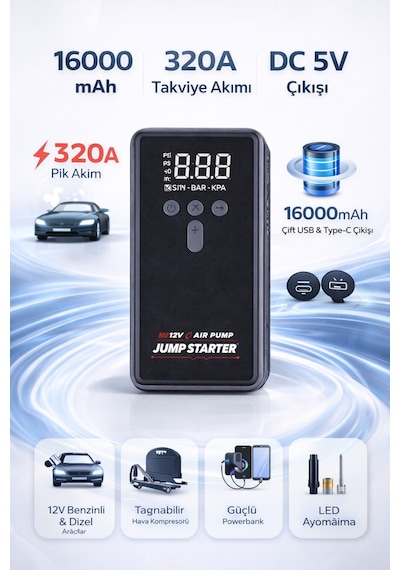 16000 Mah Araç Akü Takviye Cihazı Hava Kompresörü Powerbank Dijital Göstergeli Jump Starter Wm-16