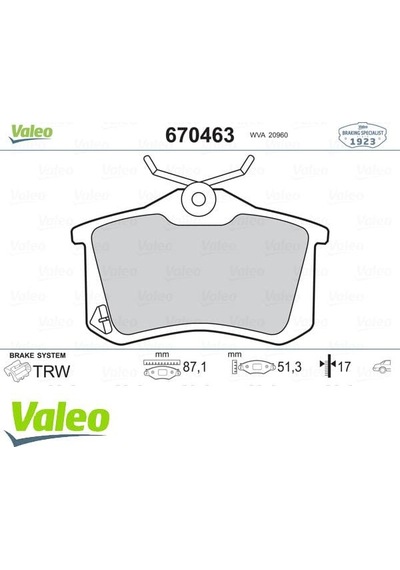 VALEO 670463 Arka Balata Fluence-Megane II-III-207-308-307-Partner-C3-C4-Bora-Passat 97-Golf IV-V-Polo (87×52.9×17)