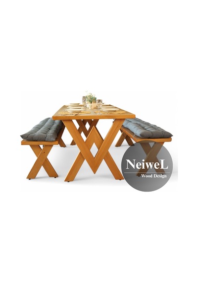 Neiwel Vera Doğal Ahşap Banklı Yemek Masası Takımı-100-200 Takım Açık Ceviz
