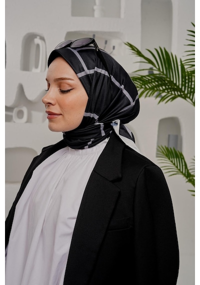 Afvente Geometrik Desen Siyah Soft Pamuk Eşarp