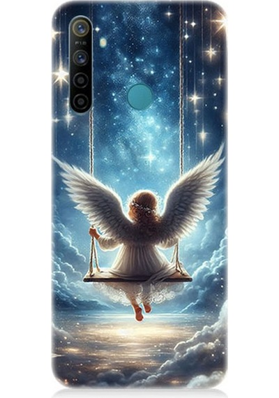 Realme 5i Uyumlu Yıldızlarla Salıncakta Melek Desenli Silikon Kılıf Çok Renkli