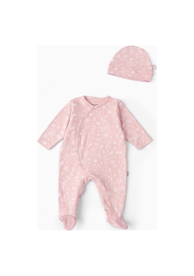 Boumini Bebek Patikli Tulum Şapka Set Bahar Çiçekli Pembe-pembe Pembe
