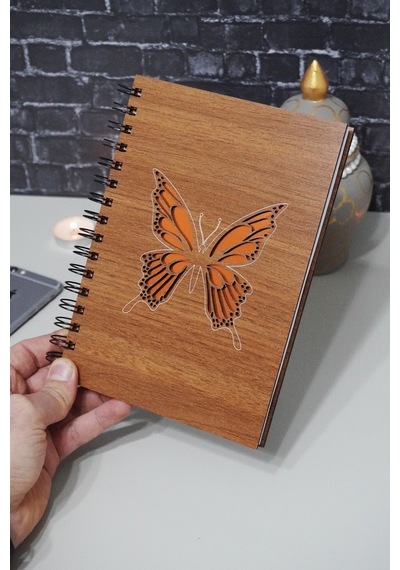 Kelebek Desenli Ahşap Defter - Ajanda - Günlük - Çizgisiz Defter Ahşap Rengi Ceviz A5 Notebook