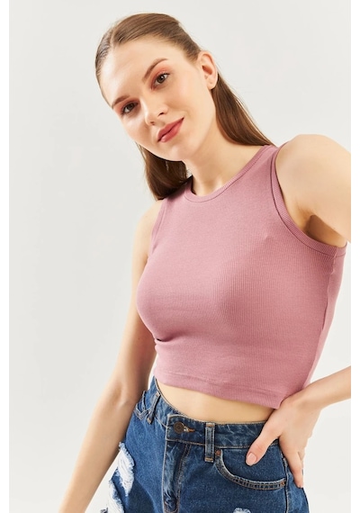 Butikgiz Kadın Sıfır Kol Bisiklet Yaka Vücuda Oturan %100 Pamuklu Kaşkorse Esnek Crop Bluz Gül Kurusu