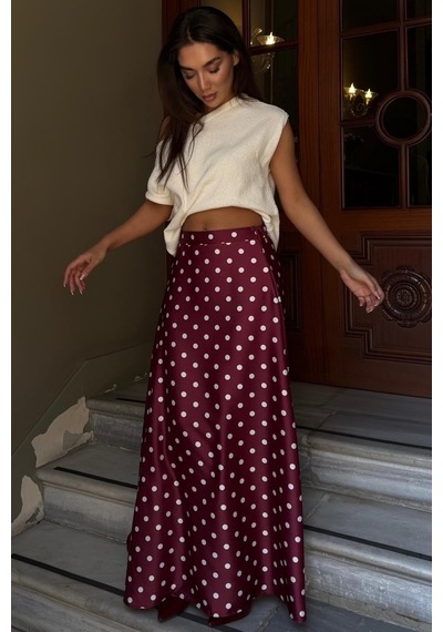 Seeh Bordo Puantiyeli Maxi Kadın Saten Etek Sh385 Düz Renk