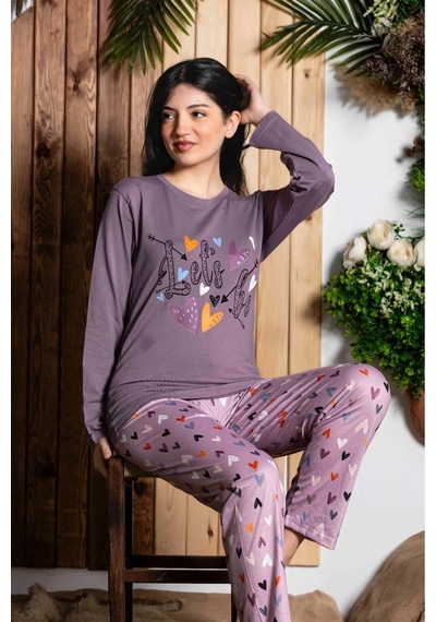 Lukitus Uzun Kol Likralı Desenli Kadın Pijama Takımı Mürdüm