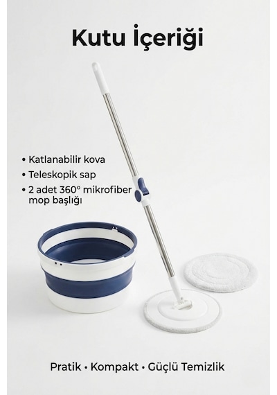 Katlanabilir Spin Mop Temizlik Seti 7l Kova, 360 Döner Başlık, Teleskopik Sap, Yer Tasarruflu Mop Seti