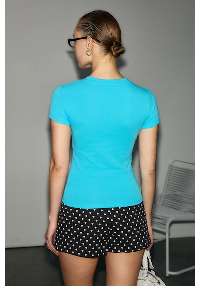 Grımelange Hopewell Kadın Yuvarlak Yaka Örme Slim Fit Turkuaz T-shirt