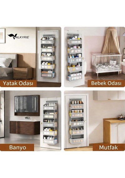 Valkyrie Kapı Arkası Organizer 5 Cepli Askılı Dolap Düzenleyici Çok Amaçlı Kapı Arkası Raf 20kg Taşıma Gri Çok Renkli