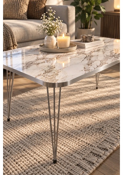 Sulorahome Gümüş Tel Ayaklı Mermer Desenli Beyaz Orta Sehpa 90x50 Cm Beyaz Mermer